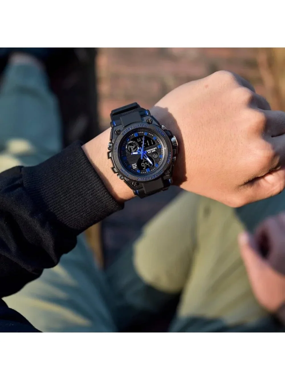 Men's Black Blue Analog Quartz Sports Outdoor Waterproof Military Digital Watch